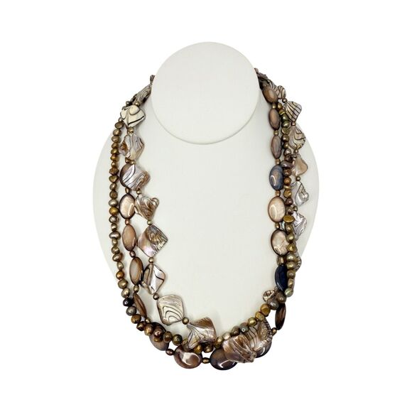 Abalone Shell Fresh Water Pearl Layered Necklace 23" Variegated Beaded Nautical - Picture 3 of 10